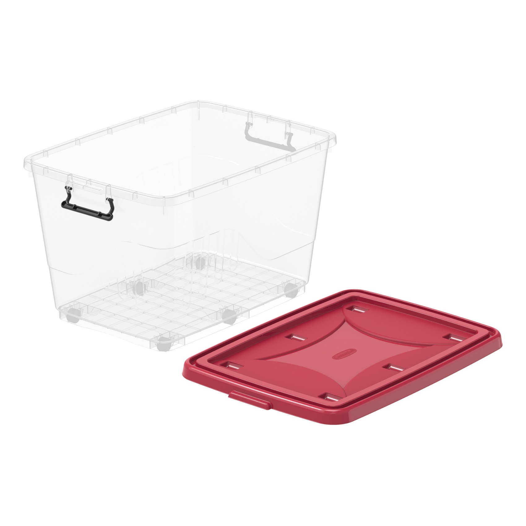 Cosmoplast Plastic Storage Box With Wheels And Lockable Lid Red And Clear 132L