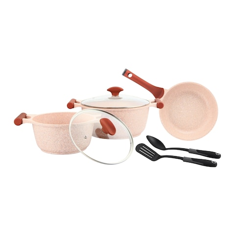 Prestige Essentials Granite Non-Stick Aluminium Induction Base Cookware Set Pink And Black 7 PCS
