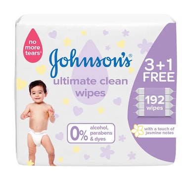 Johnson&#39;s Baby Ultimate Clean Wipes NO MORE TEARS 3+1 FREE, Total 192