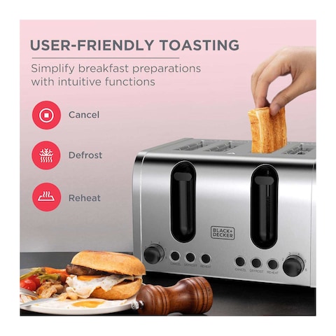 Black + Decker Toaster 4 Slices 2100 Watt - Silver - ET444