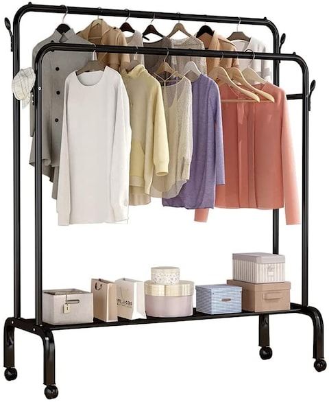 Jjone Clothing Garment Rack, Metal Double Rail Hanging Clothes Storage Shelf For Boxes, Shoes, Boots, Commercial Grade, Multi-Purpose, Entryway Shelving Unit For Home Office Bedroom (X037-218Black)