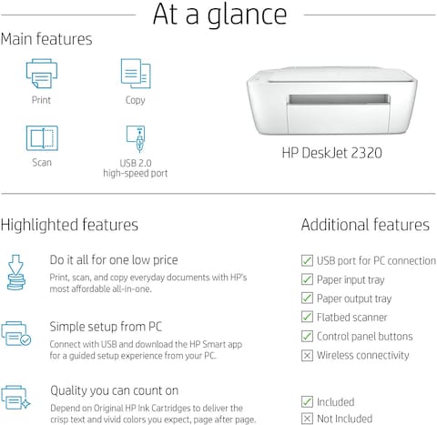 HP Deskjet 2320 All-In-One Printer, USB Plug And Print, Scan, And Copy, White