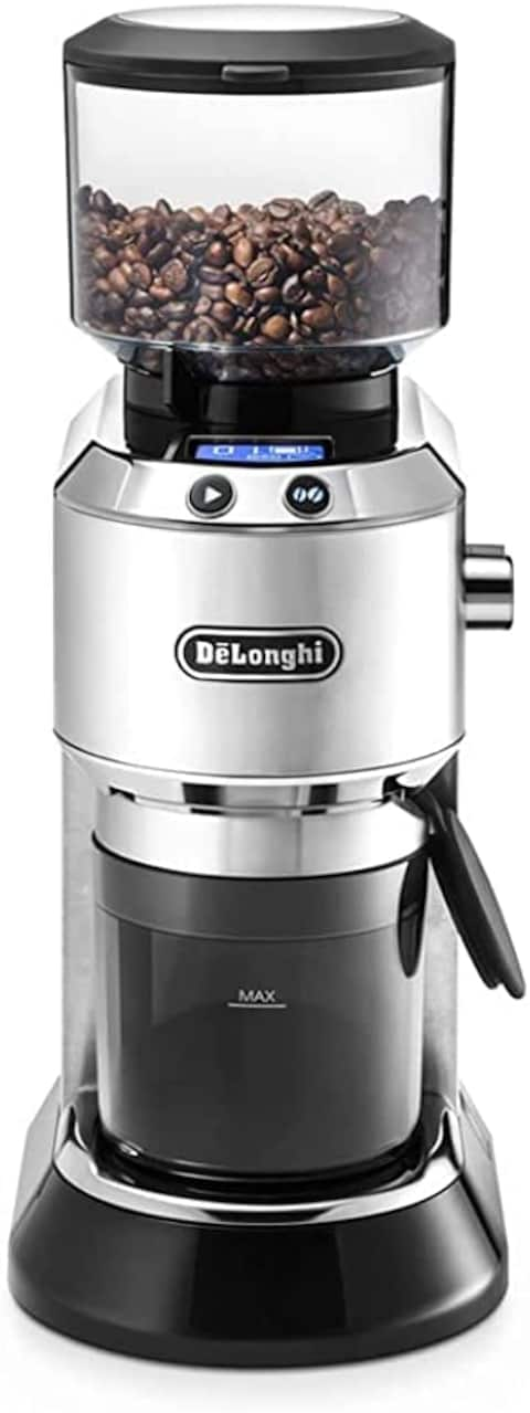 De&#39;Longhi Dedica Pump Style Coffee Grinder With Large Bean Hoper , Burr Grinding System 14 Cups Capacity , KG521.M , Metalic