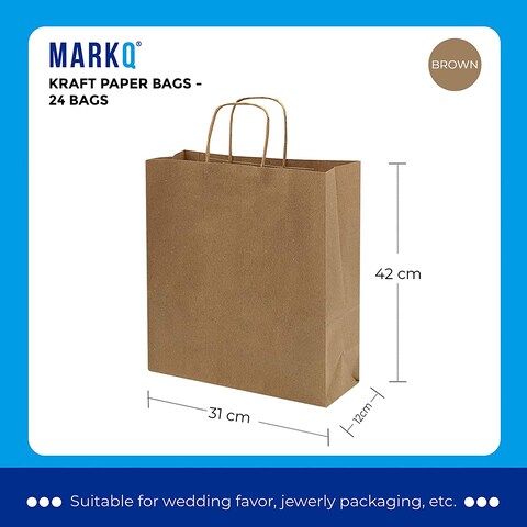 Markq Brown Paper bags with handles 42 x 31 x 12 cm Large Kraft Gift bags for Birthday Party Favors, Weddings, Crafts, Sweets, Packaging, Eid (12 Bags)