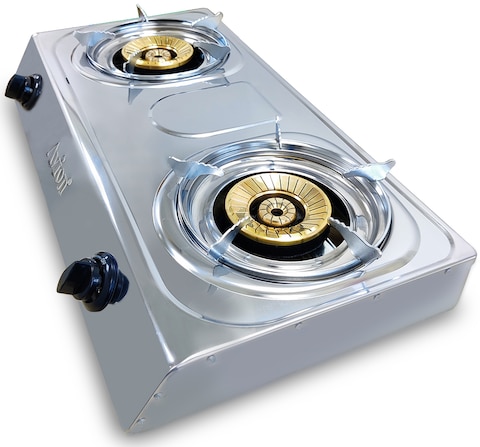 Avion Double Burner Gas Stove, Durable Brass Burner Cap, Auto Ignition, Energy Efficient Burners, Stainless Steel Body, Heat Resistant Electroplate Pan Support, Low Gas Consumption, Ags28Bb