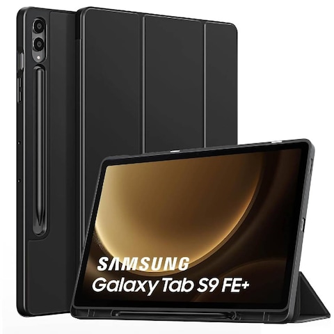 Case For Samsung Galaxy Tab S9 FE+ 12.4 Inch, Slim Translucent Back Tri-Fold Stand Protective Tablet Cover, Support S Pen Charging, Auto Wake/Sleep (Black)