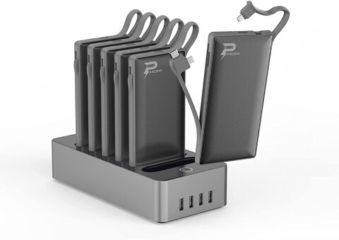 Phoni 6 in 1 Power Station 10,000 mAh with Built-in Cable to Charge Multiple Devices - Black