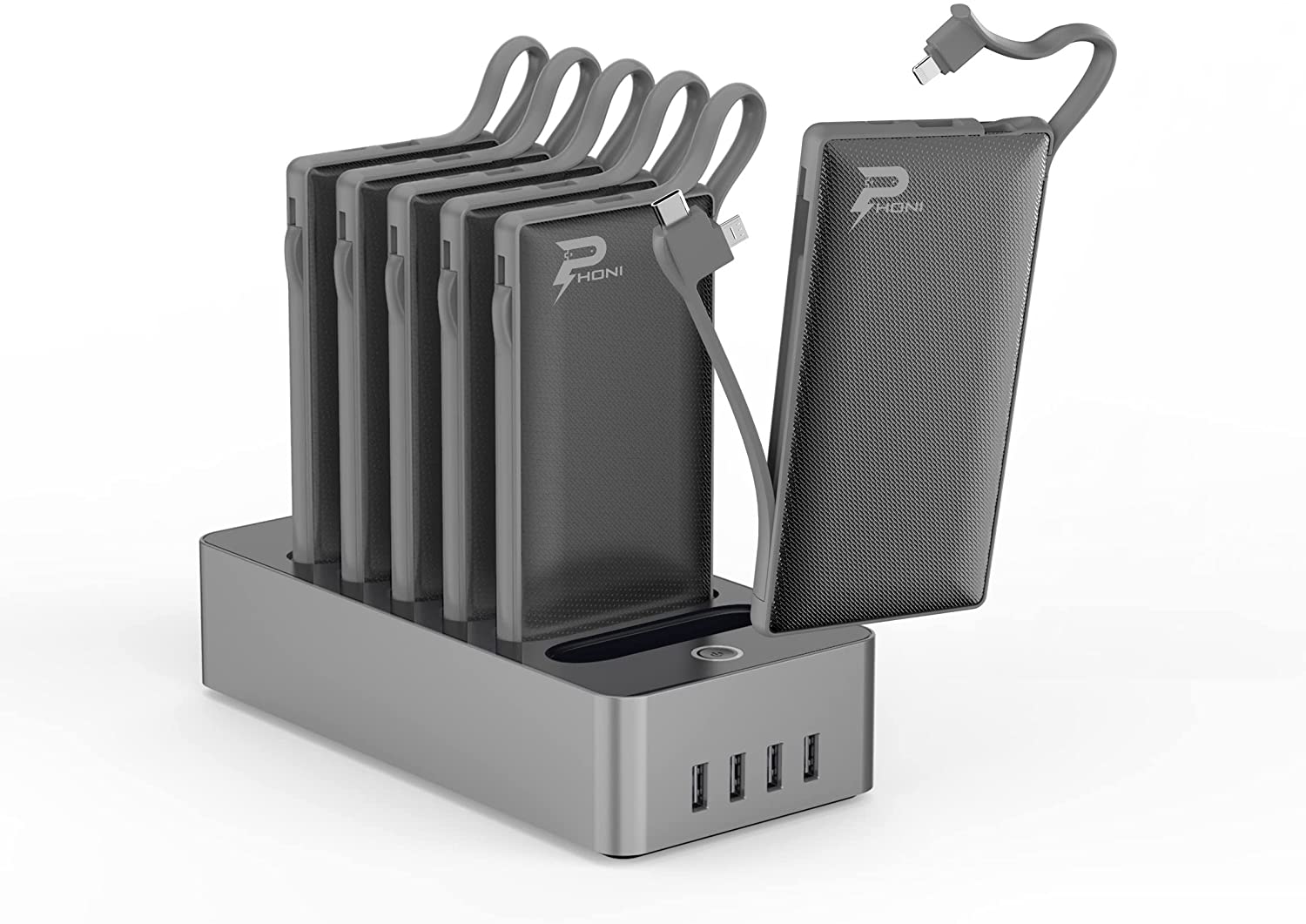 Phoni 6 in 1 Power Station 10,000 mAh with Built-in Cable to Charge Multiple Devices - Black