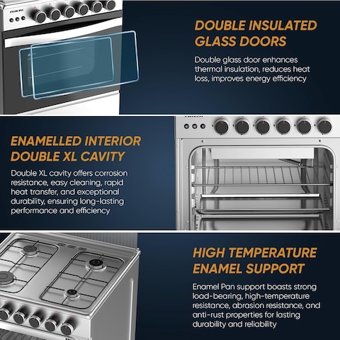 Nikai Freestanding Gas Cooker, 4 Burner, 60X60cm, Auto Ignition, Double Glass Oven Door for Close Door Grilling with Turnspit, Glass Lid &amp; Oven Lamp, Stainless Steel Finish, U6068FSE1, Silver
