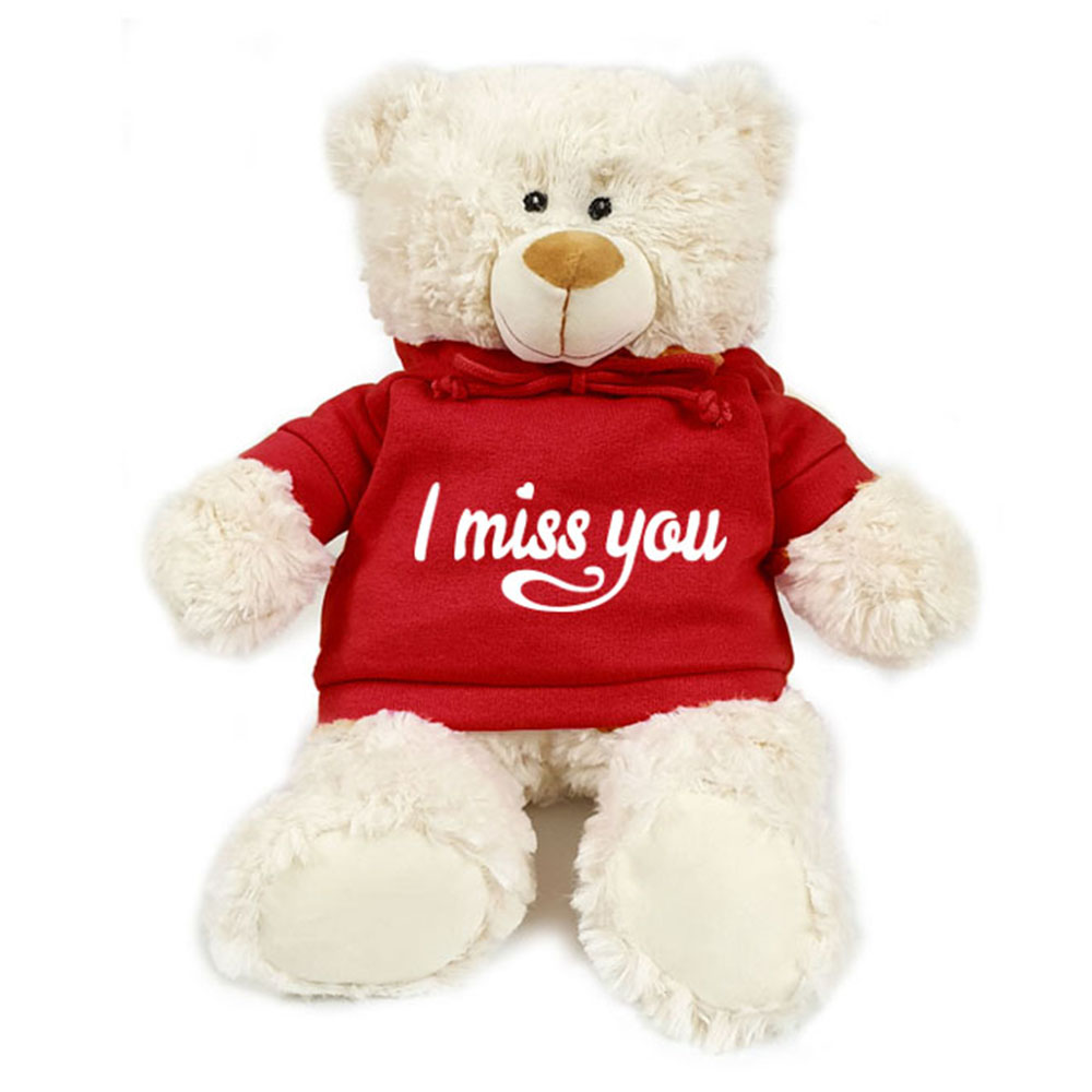 Caravaan, Supersoft, Cuddly Teddy Bear With Trendy Red Hoodie I Miss You Size 38cm Ideal For Birthdays, Celebrations, Boys, Girls Parties Soft And Cuddly