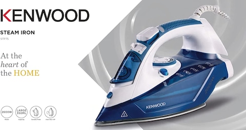 Kenwood Steam Iron 2600W With Ceramic Soleplate, Auto Shut-Off, Anti-Drip, Anti-Calc, Self Clean, Continuous Steam, Steam Burst, Spray Function Stp75.000Wb, White/Blue