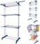 Folding 3 Tier Clothes Drying Rack Rolling Collapsible Garment Laundry Dryer Hanger Stand Rail With Two Side Wings Indoor Blue
