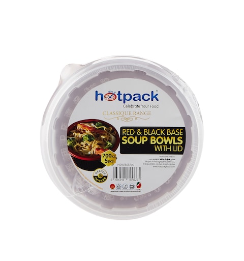 Hotpack Red &amp; Black Base Soup Bowls 700ml with Lids, 5 Pieces