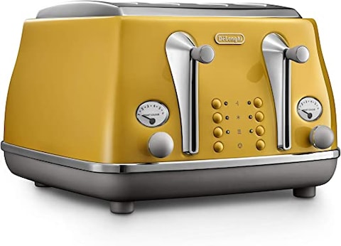 De&#39;Longhi Icona Capitals Yellow Vintage Style 4 Slice Toaster, 6 Browning Levels, 4 Extra Wide Bread Slots, Defrost And Reheat Functions, Removable Crumb Tray, Ctoc4003.Y