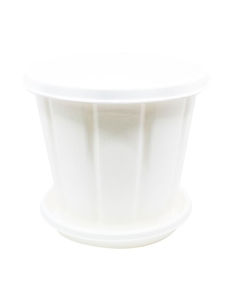 Cosmoplast Pot Woodgrain 6&quot; With Tray White
