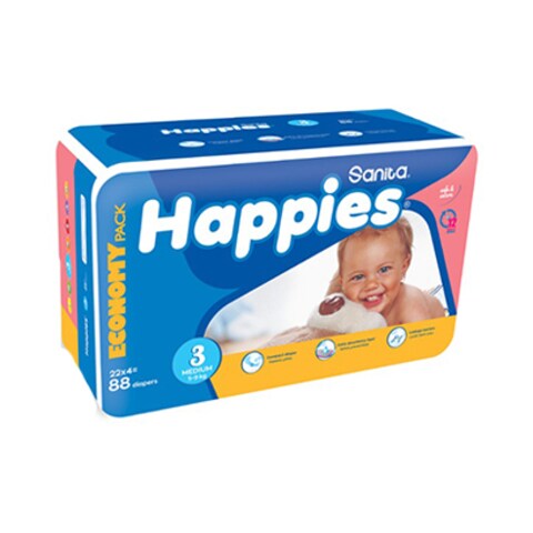 Sanita Happies Economic Pack Diapers Medium 88 Count 5 To 9KG