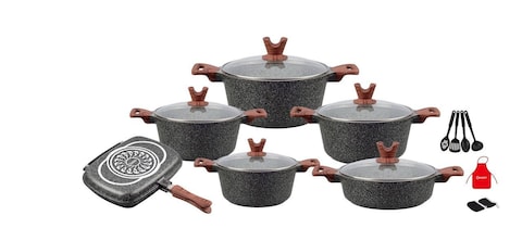 Dessini 19-Piece Non Stick Granite Cookware Set 20/24/28/32cm Casserole, 28cm Shallow Casserole, 32cm Double Fry Pan - PFOA Free