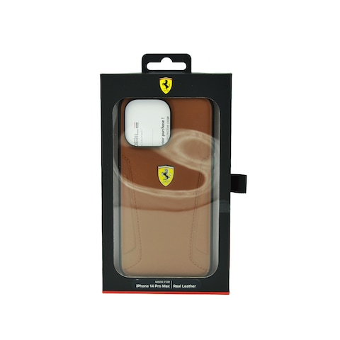 Ferrari Leather Case With Hot Stamped Sides Yellow Shield Logo For Iphone 14 Pro Max Camel