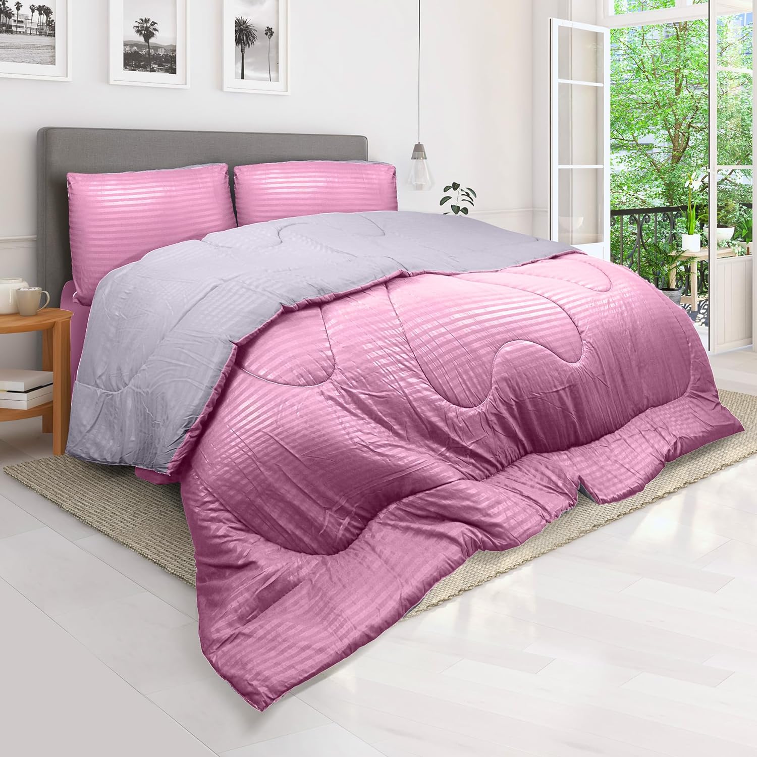 Hotel Linen Klub Reversible Down Alternative Comforter Set, Ultra Soft Brushed Stripe Microfiber Fabric, 200GSM Soft Fibersheet Filling, Size: Double 220 x 240cm, Pink &amp; Light Grey