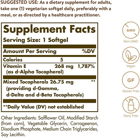 Solgar Vitamin E 268 Mg, (400 Iu)100 Vegetarian Softgels (D-Alpha Tocopherol &amp; Mixed Tocopherols)