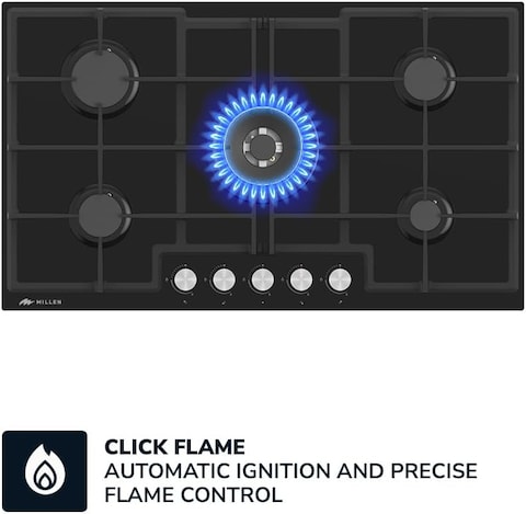 MILLEN MGHG 9002 BL 90 cm Built-in 5 Burners Gas Hob - Glass Finish, 12100 Watts, Mechanical and Electronic Ignition Control, 3 Year Warranty