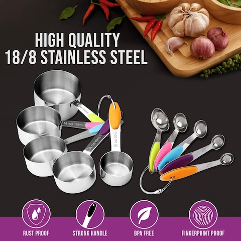 Generic Skeido Stainless Steel Measuring Measuring Cups And Spoons Set 10 Piece, Dishwasher Safe And Stackable