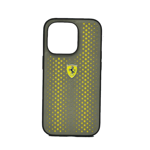 Ferrari Pu Leather Perforated Case With Nylon Base &amp; Yellow Shield Logo For Iphone 14 Pro Max Yellow