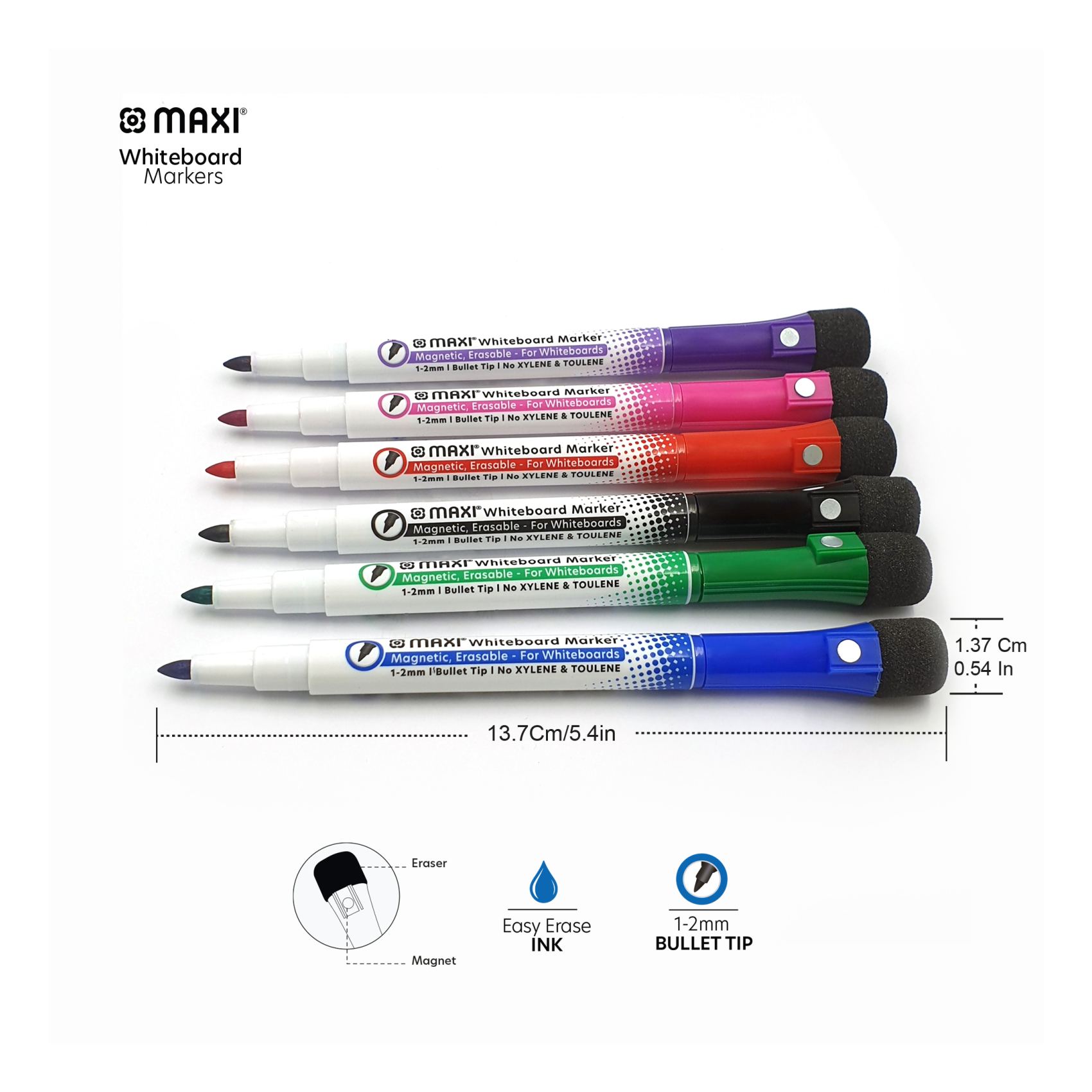 Maxi Whiteboard Marker 1-2mm Bullet Tip 6 PCS