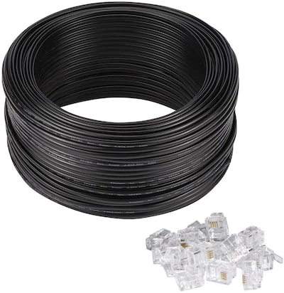 Telephone Cord 4 core roll rj11 flat telephone cable 70m/ 240Feet Flat Landline Phone Line Wire with 30pcs RJ11 6P4C Plug, for Any Phone, Modem, Fax Machine (BLACK)