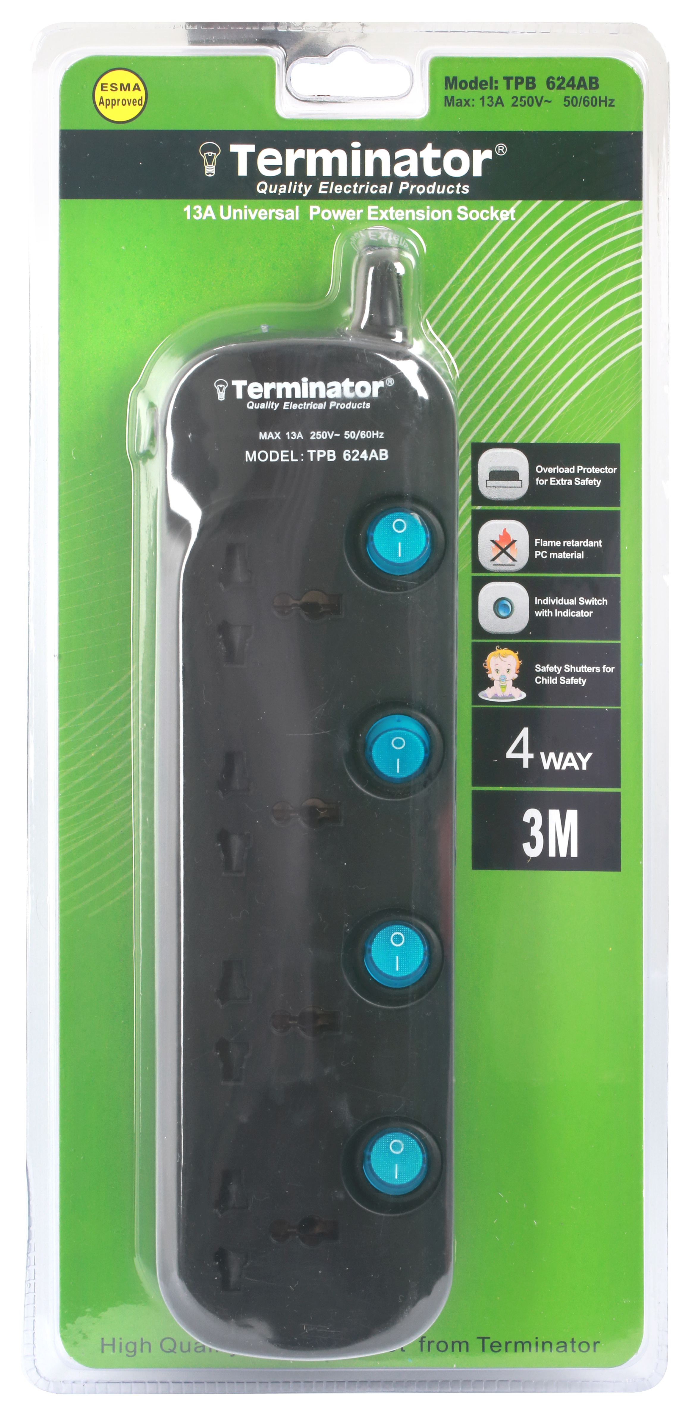 Terminator Brand Universal Power Extension Socket - 4 way 3M