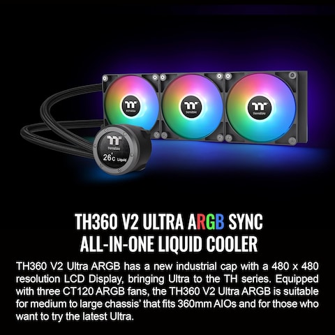 Thermaltake Th360 V2 Ultra ARGB Sync/Alo Liquid Cooler/ARGB Fan 120 * 3/PWM 500~1500Rpm/Water Block 2.1&quot; Lcd/Black, Cl-W384-Pl12Sw-A