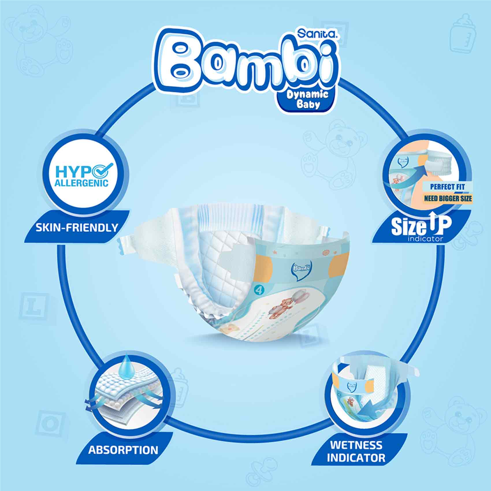 Sanita Bambi Baby Diapers Jumbo Box Size 4 Large 8-16 KG 96 Count