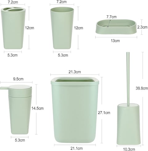 Bathroom Accessories Set,6-Piece Bathroom Gift Set,Toothbrush Holder,Toothbrush Cup,Soap Dispenser,Soap Dish,Toilet Brush Holder,Trash Can,Tumbler Bathroom Accessory Set Complete,Green