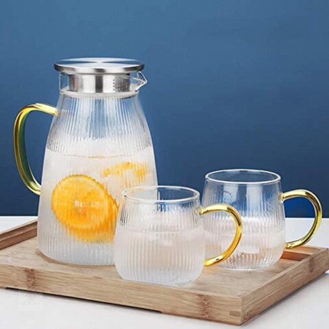 1Chase️ Heat Resistant Borosilicate1500 ml Glass Water Pitcher With Stainless Steel Strainer Lid With Set Of 2 Pcs 350 ml Glass Mugs For Tea, Coffee, Juice, Milk And For Daily Use