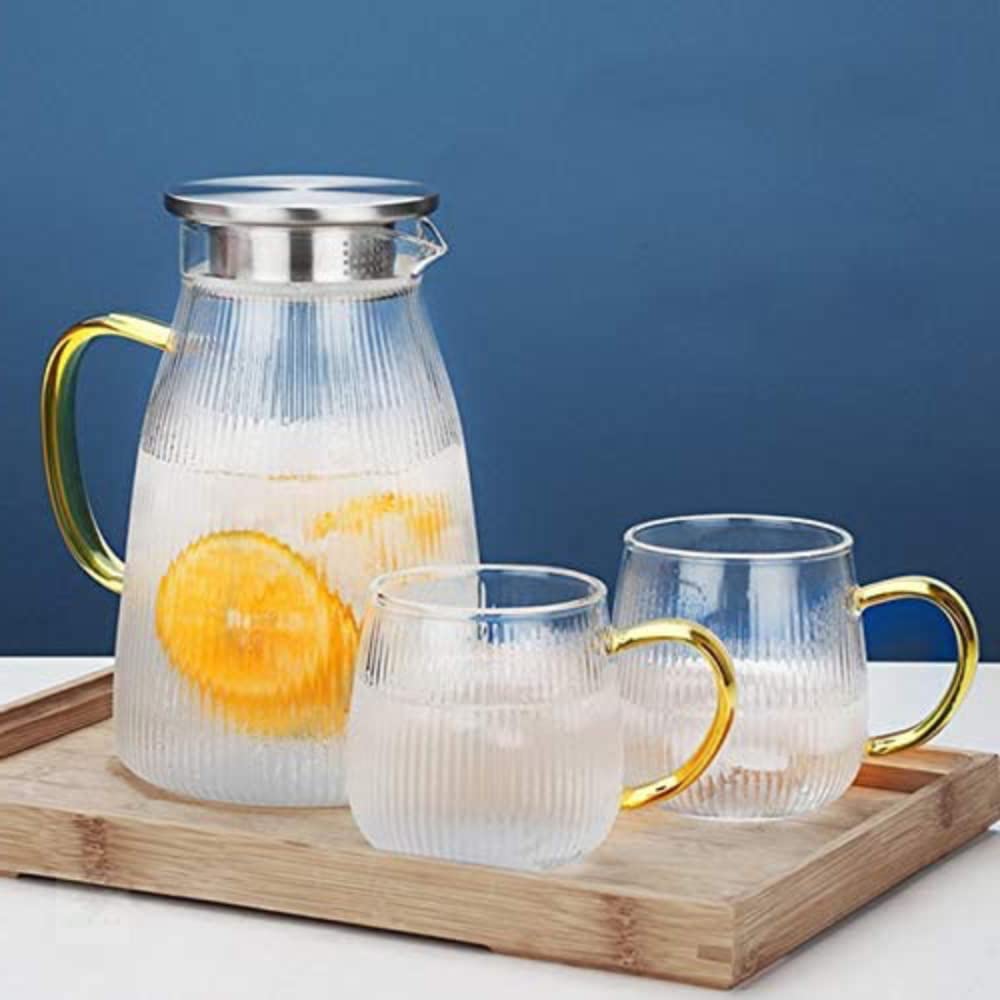 1Chase️ Heat Resistant Borosilicate1500 ml Glass Water Pitcher With Stainless Steel Strainer Lid With Set Of 2 Pcs 350 ml Glass Mugs For Tea, Coffee, Juice, Milk And For Daily Use