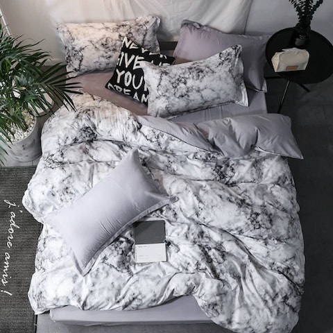 LUNA HOME Single size 4 pieces Bedding Set without filler, Marble Design Grey Color