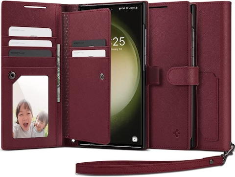 Spigen Wallet S Plus designed for Samsung Galaxy S23 ULTRA case cover folio (2023) [7 Cards + Cash] - Burgundy