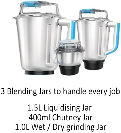 Nikai 900W Blender with 3 Jars &ndash; 1.5 Ltr Liquid Jar, 400 ml Dry/Wet Jar and 1 Ltr Dry/Wet Grinding Jar, Stainless Steel Blades and 3 Speed Settings, 2 Years Warranty, NB694A, Blue