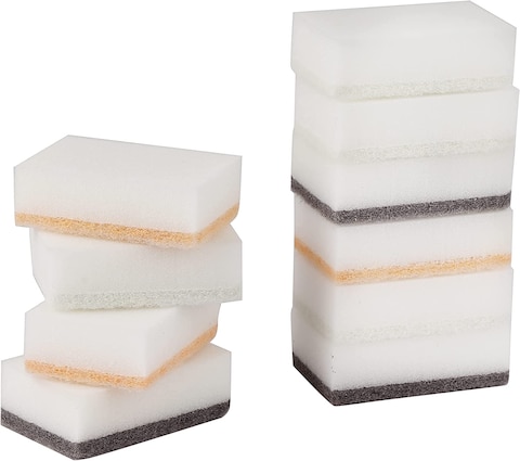 Royalford Royalbright Heavy Duty Cleaning Sponges- RF10626 Scrub Pads For Kitchen Sink &amp; Bathroom 2 In 1 Cleaning Supplies Premium-Quality Ideal For Dish Wash Multi-Purpose, Pack Of 10, White &amp; Grey