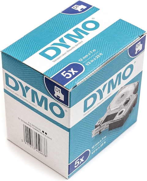 5 x Dymo D1 Standard Labelling Tape 45013 12mm x 7m - Black on White