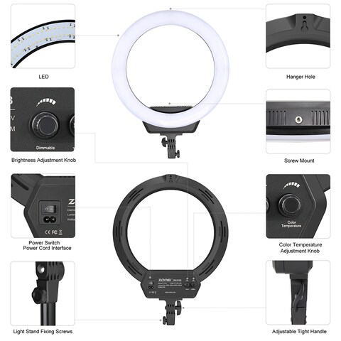 Docooler-ZOMEI 16 Inch LED Selfie Ring Light Camera Lamp 38W 320pcs Bulbs Stepless Dimmable Brightness 3200-5600K with Tripod Stand Cellphone Holder Kit for YouTube Video Live Stream Makeup for iPhone