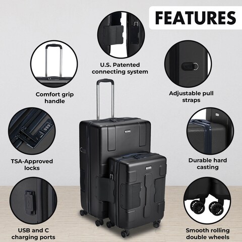 TACH Connectable 2 Pcs Luggage Set   20&quot; &amp; 28&quot; Spinner Luggage with TSA Locks   Hard Shell  Patented Built-In Connecting System Easily Links 6 Bags - Grey