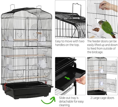 Egardenkart&reg; Open Play Top Bird cage with Rolling Stand for Cockatiel Sun Conure Parakeet (Black)