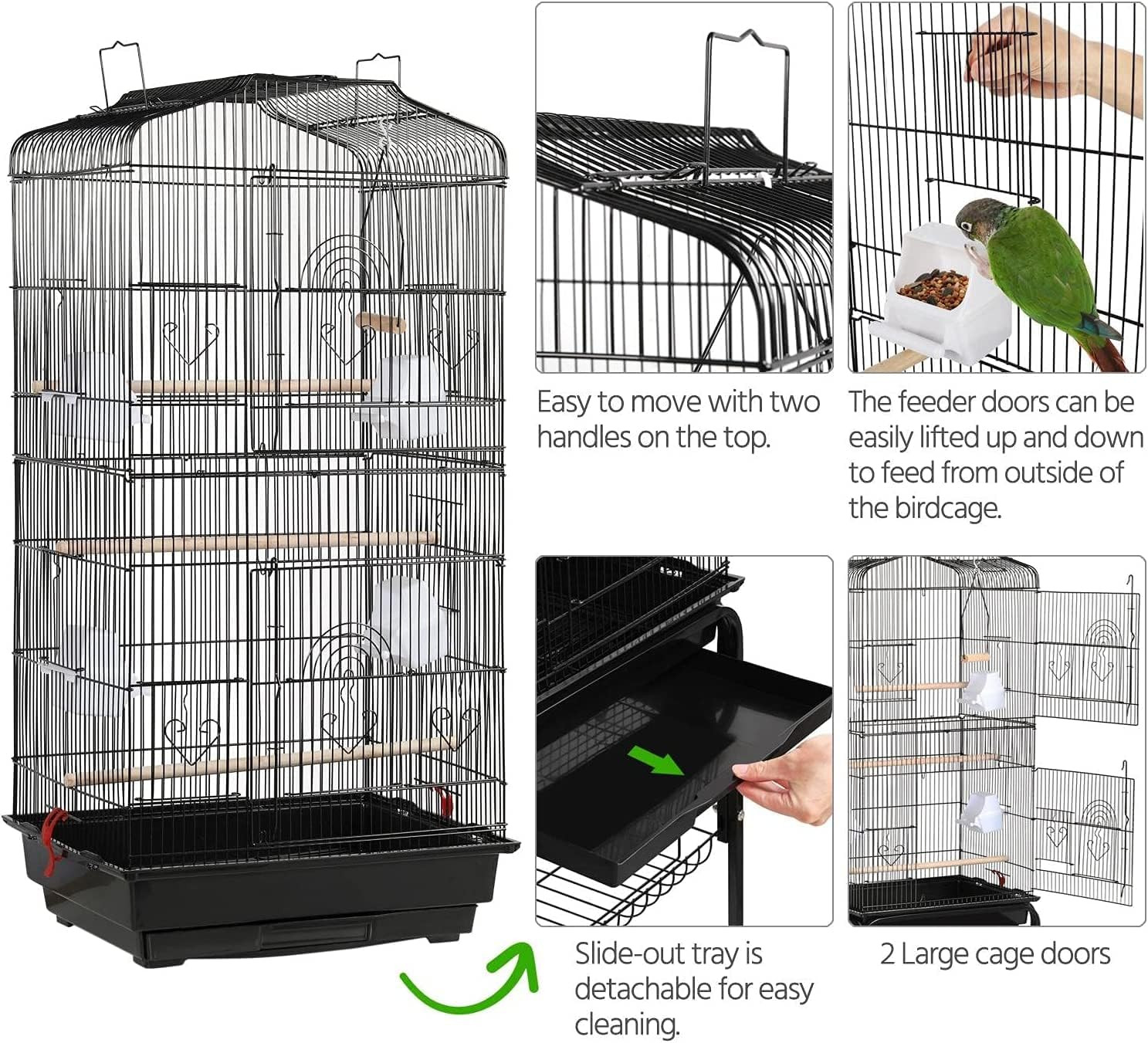 Egardenkart&reg; Open Play Top Bird cage with Rolling Stand for Cockatiel Sun Conure Parakeet (Black)