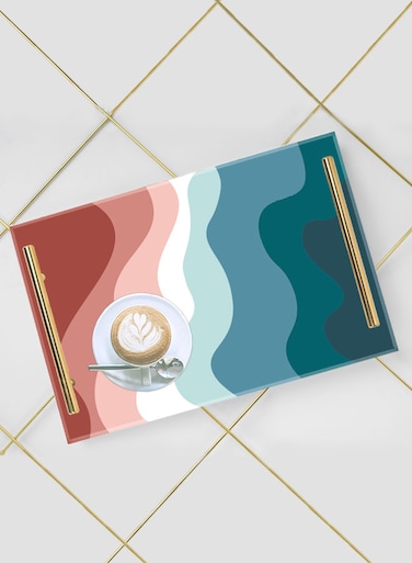 Lowha Decorative Acrylic Serving Tray With Gold Metal Handles And Colorful Painted Waves Design 20x30 cm