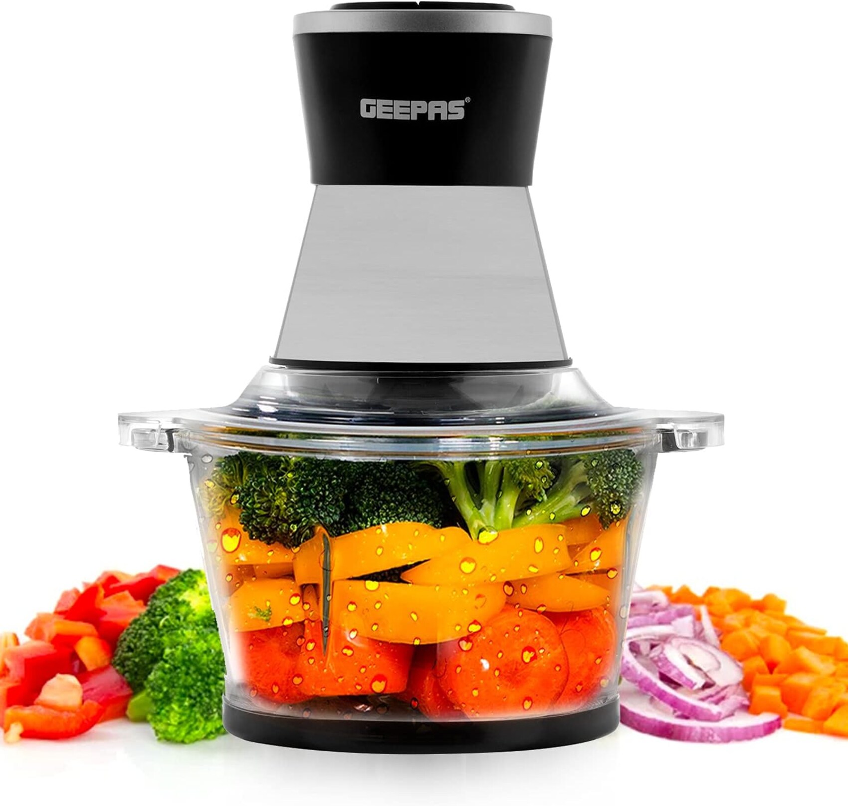 GEEPAS 2L Multi Copper With Garlic Peeler - 2 Speed 4Pcs Stainless Steel Blades,Glass Bowl L 500 kW GMC42021 Black silver