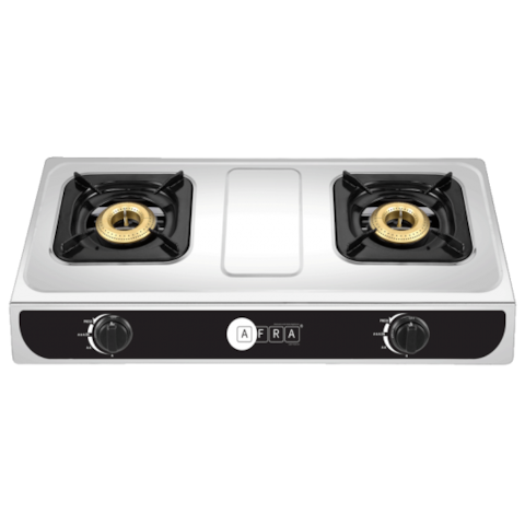 AFRA Japan Two Burner Gas Stove, Brass Caps, Battery Powered Ignition, Tempered Glass Top, Stainless Steel, Double Injection, G-MARK, ESMA, ROHS, and CB Certified, 2 years warranty