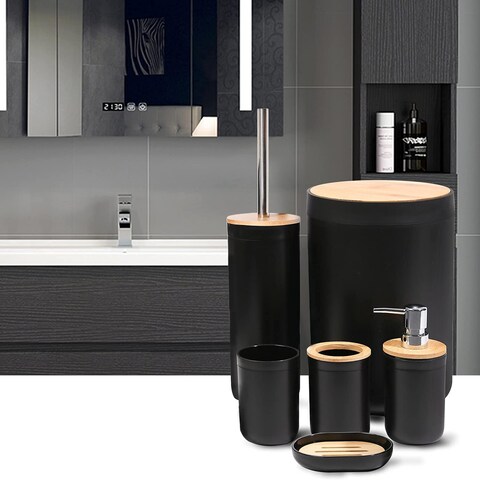 Bathroom Accessories Set, 6 Pieces Bamboo Bath Set- Soap Dish Toothbrush Holder Rinse Cup Lotion Bottle Trash Can Toilet Brush - Practical Toilet Kit for Home Washing Room, Black