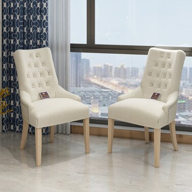Button Tufted Teak Wood Wingback Chairs (Set of 2)