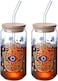 1CHASE Borosilicate Evil Eye Printed Drinking Glasses With Bamboo Lid And Glass Straw, 550ml, Mason Jar, Can Shaped Tumblers - Set Of 2